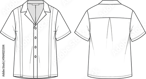 Men short sleeve guayabera shirt with cuban collar technical fashion sketch front and back view vector illustration template isolated.