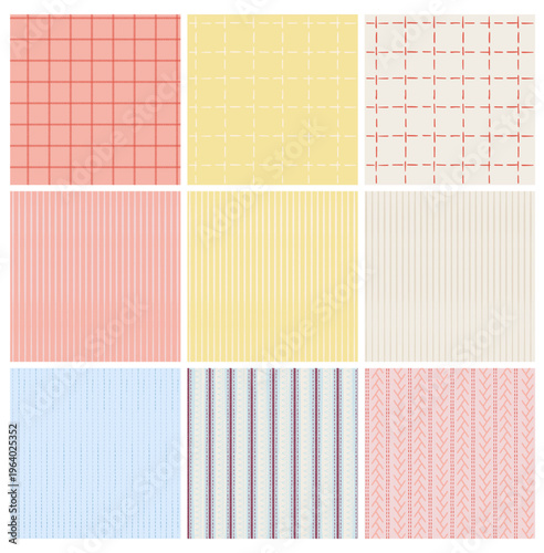 Collection of seamless vector patterns with vertical stripes, dashed stitched lines and check grid variation in soft and muted colors. Includes simple geometric and minimal textile designs suitabl
