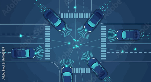 Autonomous vehicles connected on road.