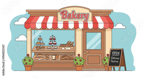 Bakery storefront with red awning outside.