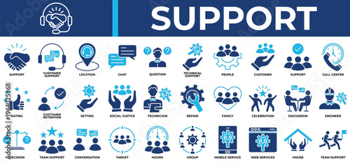 Support icon set collection. Containing question, decision, performance, survey, discussion, agreement, community .Solid vector icons collection
