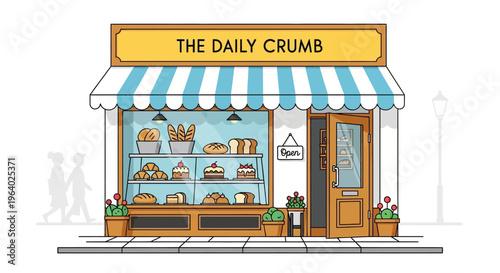 Bakery storefront with striped awning outside.