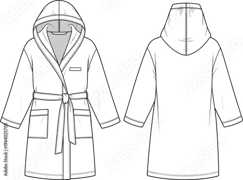 Technical fashion flat of a hooded bathrobe or dressing gown vector illustration featuring front and back views for loungewear design apparel tech pack and spa template on white background.