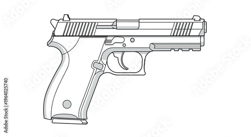Detailed black and white line drawing of a semi-automatic handgun firearm suitable for security and self-defense concepts.