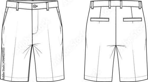 Technical fashion flat of men's chino shorts vector illustration featuring front and back views for clothing design summer apparel tech pack and uniform template on white background.