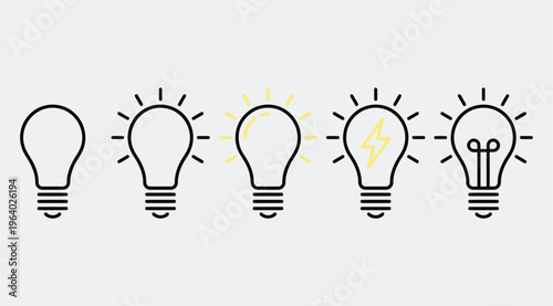 Light bulb icon set showing idea and inspiration concepts. Creative thinking, innovation and solution symbols. Energy and insight pictograms for business concepts, brainstorming and startup visuals.
