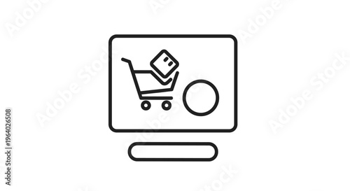 Digital icon representing an online shopping interface features a computer monitor and a shopping cart with a package inside.