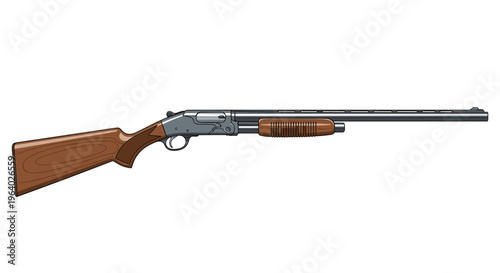 Long barreled pump action shotgun with a wooden stock and grip is illustrated in a realistic and detailed profile view.