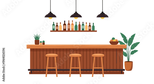 Stylish bar interior features a wooden counter, three stools, overhead lamps, and shelves stocked with various glass bottles.