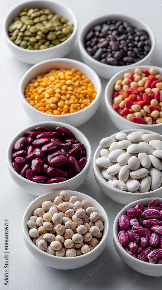 Fototapeta premium Assortment of colorful beans in white bowls arranged neatly on table