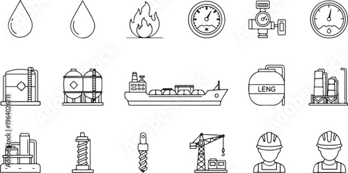 Oil and gas industry line icons set, petroleum production, storage, and transportation, energy resources, isolated on transparent background.