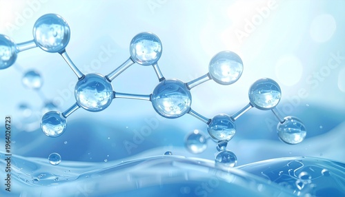 青い水面上に浮かぶ透明な水分子の3D科学的可視化
