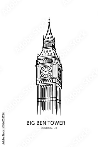 Big Ben London Clock Tower Line Art Vector Illustration