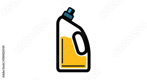 Plastic jug of yellow cleaning detergent or laundry liquid features a convenient handle and a blue cap for household use.