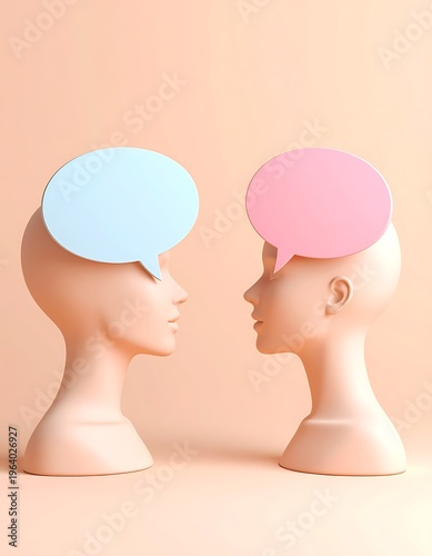 Two mannequin heads facing each other with pink and blue speech bubbles above their heads on a peach backdrop
