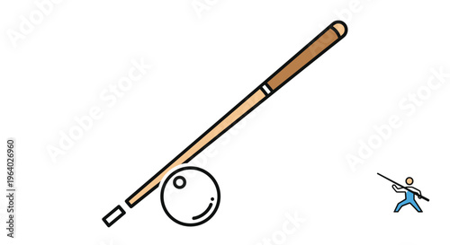 Billiard cue stick and a white cue ball illustrated in a simple vector style with a small stick figure player icon on the side.