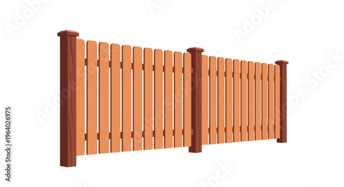 Classic wooden picket fence with brown vertical slats and sturdy posts presented in perspective against a clean white background.