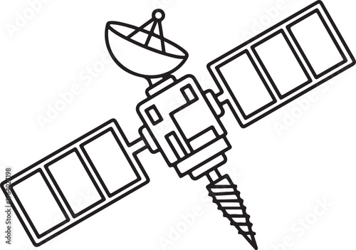 Space satellite icon with solar panels and antenna on transparent background, orbital station for communication technology and exploration.