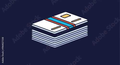 Stack of various credit cards or membership cards shown in a 3d isometric perspective on a dark blue background for finance.