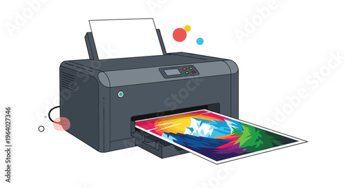 Desktop inkjet printer producing a vibrant color landscape photograph with abstract colorful circles in the background.