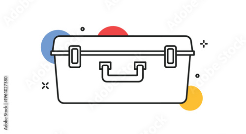 Classic metal toolbox icon in outline style with colorful circles in the background representing maintenance, repair, and diy work.