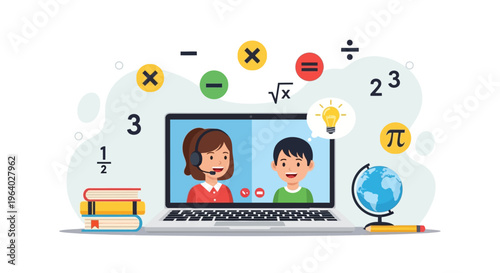 Children on laptop screen online learning.