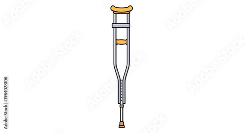 Single medical aluminum crutch with orange padding provides mobility support and recovery assistance for patients with leg or foot injuries.