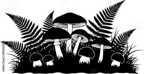 Detailed Mushroom with Ferns silhouette