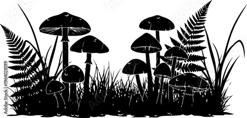 Detailed Mushroom with Ferns silhouette