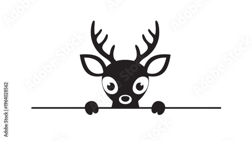 Black silhouette of a young deer with prominent antlers looks over a thick horizontal separator line in a vector format.