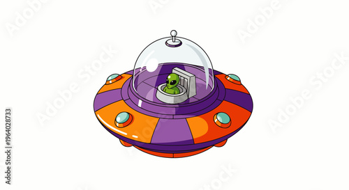 a cute cartoon alien pilot sits in a vibrant flying saucer ready for space exploration ideal for childrens books and game design.
