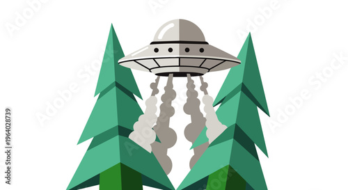 a mysterious ufo flying saucer taking off from a forest between geometric pine trees a vector illustration of alien encounter.