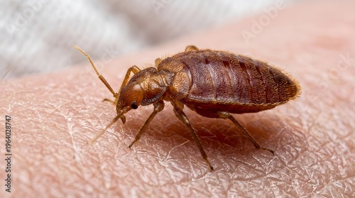 A close-up view of a bed bug crawling on human skin