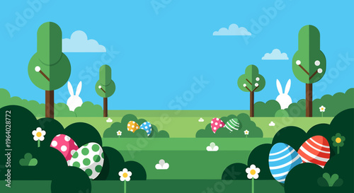 easter egg hunt flat design in a vibrant green spring landscape with colorful easter eggs and cute rabbits hidden among bushes.