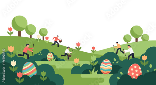 easter egg hunt featuring men searching for colorful eggs in a vibrant green spring park a fun outdoor holiday activity.