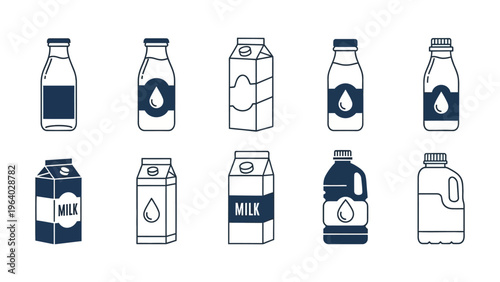 milk packaging vector illustration of milk bottles cartons and jugs in flat design perfect for dairy products and beverage icon designs.