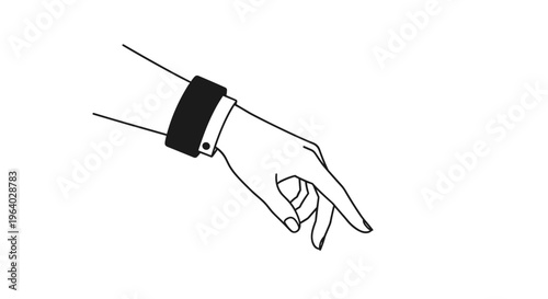 Outline drawing of a human hand wearing a black sleeve cuff and pointing down with the index finger for guidance.