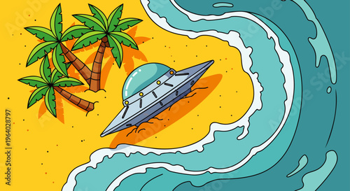 ufo flying saucer crash-landed on a tropical beach near palm trees and ocean waves a whimsical alien illustration.