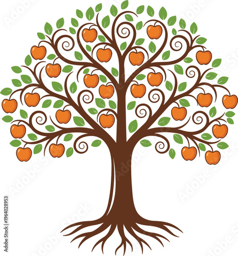 Decorative apple tree vector illustration with curly branches green leaves and ripe red fruit isolated on white for harvest and gardening design.