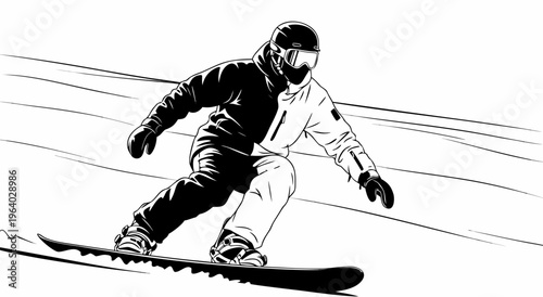 A dynamic black and white vector illustration of a snowboarder in action on a snowy slope, perfect for sports and adventure themes