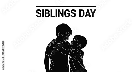 Minimalist black and white vector graphic illustration celebrating siblings day affection between two young brothers