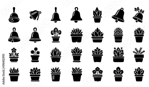  Decorative Bell and Potted Plant Icon Set Featuring Hanging Bells, Watering Can, Succulents, Floral Pots, and Home Garden Decoration Elements for Interior Design