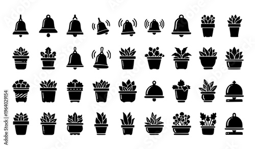 Decorative Bells and Potted Plants Icon Set Featuring Hanging Bells, Hand Bells, Succulents, Floral Pots, and Home Garden Decoration Elements for Interior Design
