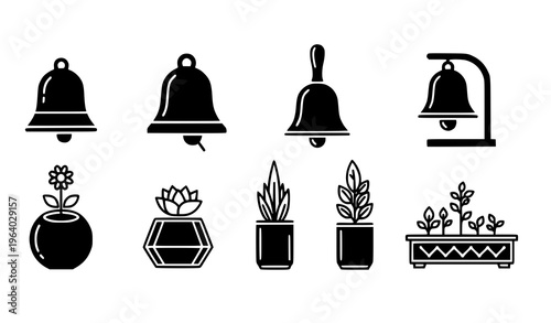  Decorative Bell and Potted Plant Icon Set Featuring Hanging Bells, Hand Bells, Succulents, Floral Pots, and Home Garden Decoration Elements for Interior Design
