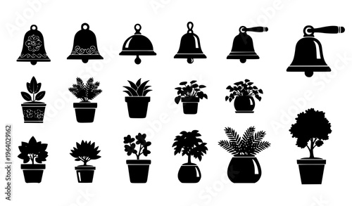  Decorative Plant and Bell Icon Set Featuring Hanging Bells, Hand Bells, Potted Plants, Floral Arrangements, and Home Garden Decoration Elements for Interior Design