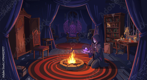 Mysterious Sorcerer Casting Spell by Campfire in Dark Room Vector Illustration
