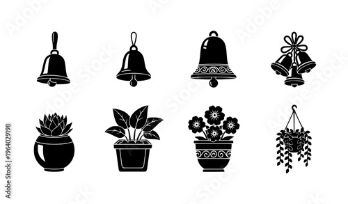  Decorative Plant and Bell Icon Set Featuring Hanging Bells, Potted Plants, Floral Pots, and Home Decoration Elements for Interior, Garden, and Festive Design