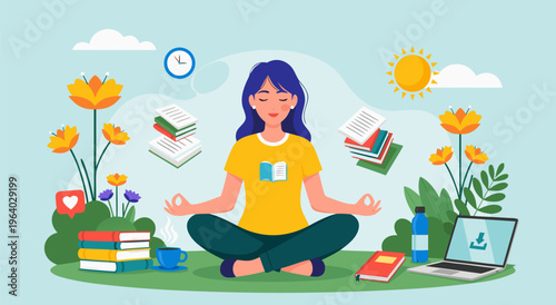 Calm Woman Meditating in Nature Surrounded by Books and Technology Vector Illustration with Flowers and Sunlight