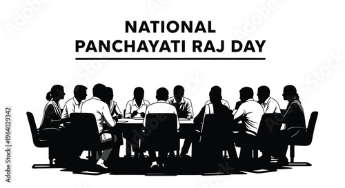 Black and white vector graphic illustration of people attending a government meeting for National Panchayati Raj Day
