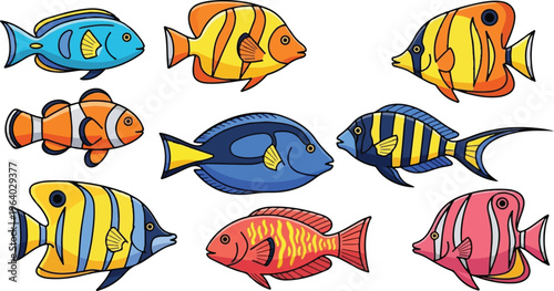 Vibrant collection of nine distinct tropical fish showcasing a variety of colors and patterns in an engaging underwater scene Vector